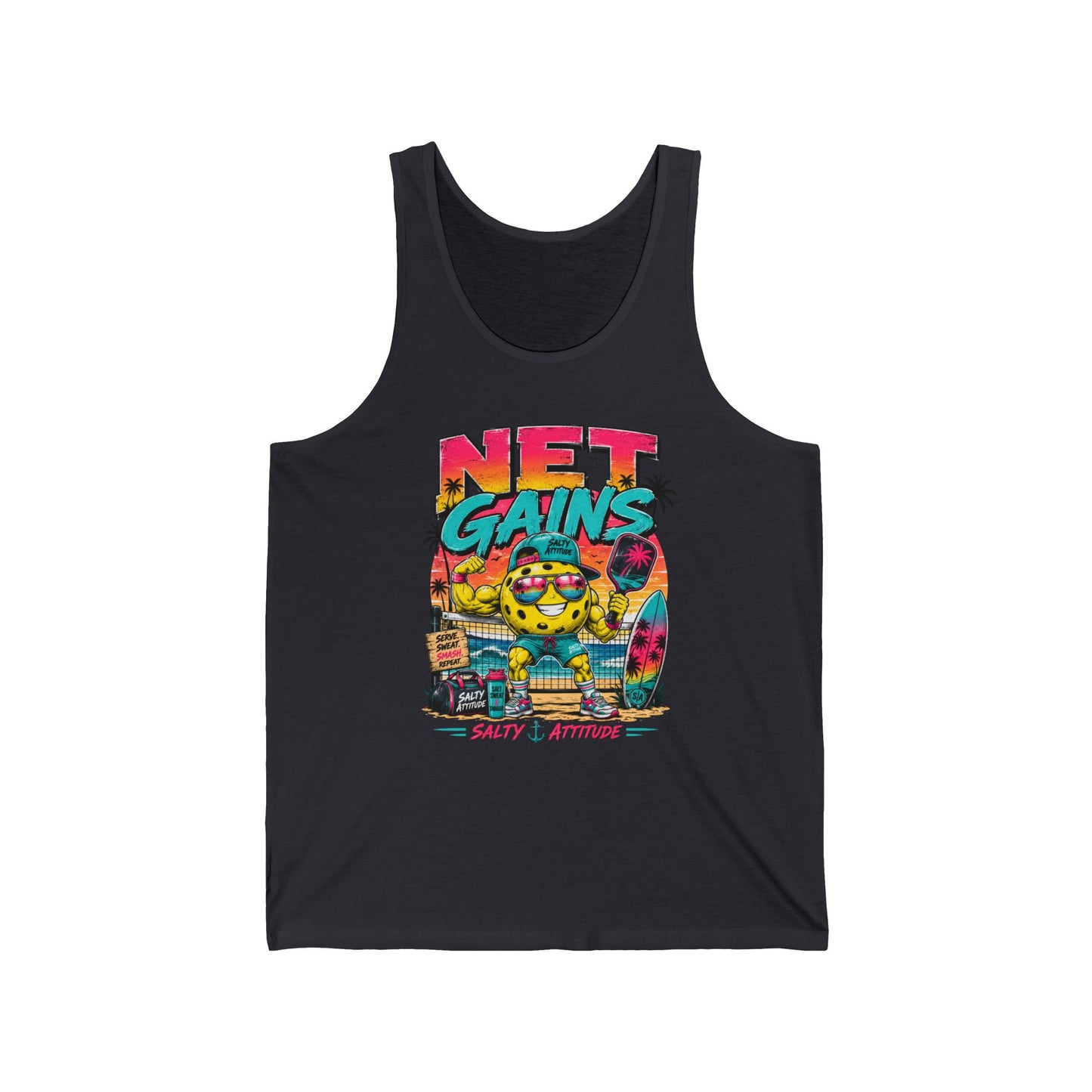 Net Gains Tank Top — Retro Beach Surf Workout Graphic Tank