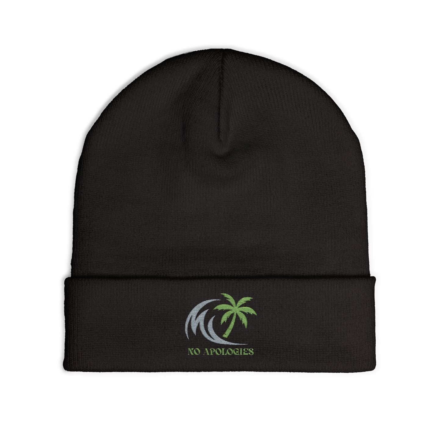 Embroidered Palm Wave Knit Beanie — Tropical Surf Cuffed Hat