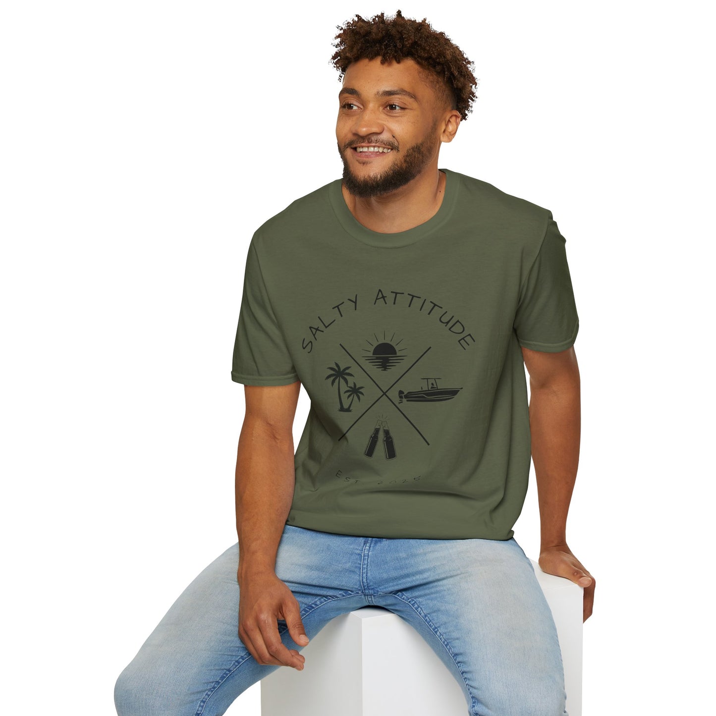 Salty Attitude Beach T-Shirt — Coastal Vacation Shirt with Boat & Palm Icons