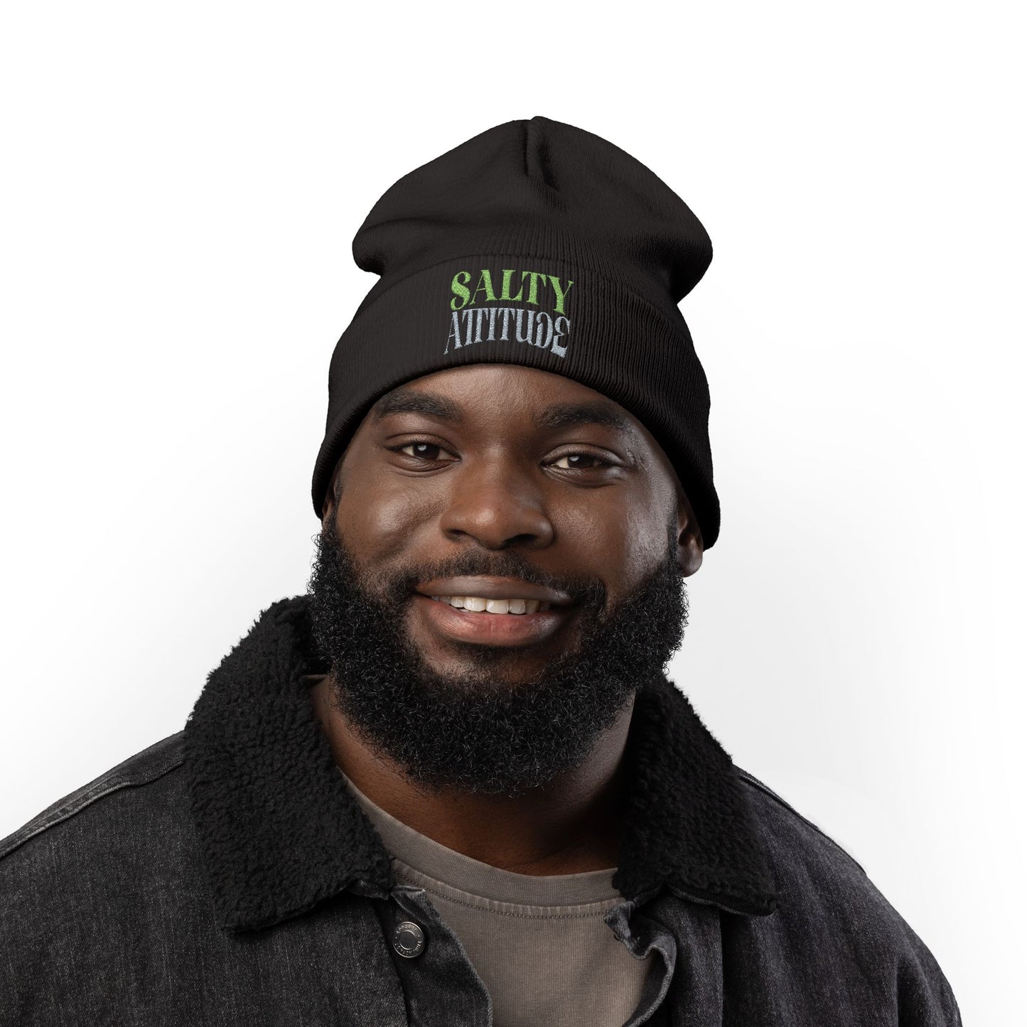 Embroidered Palm Wave Knit Beanie — Tropical Surf Cuffed Hat