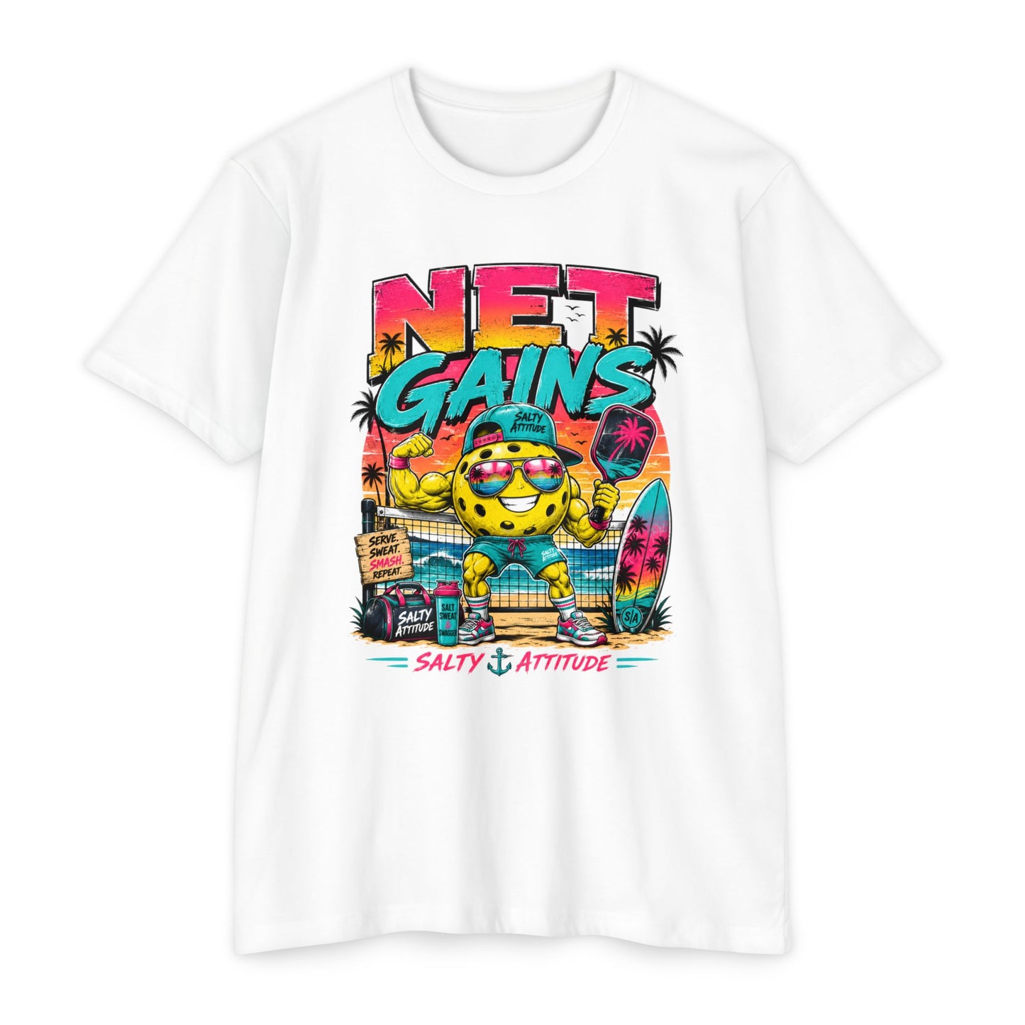 Net Gains Surf T-Shirt — 'Salty Attitude' Retro Beach Graphic Tee