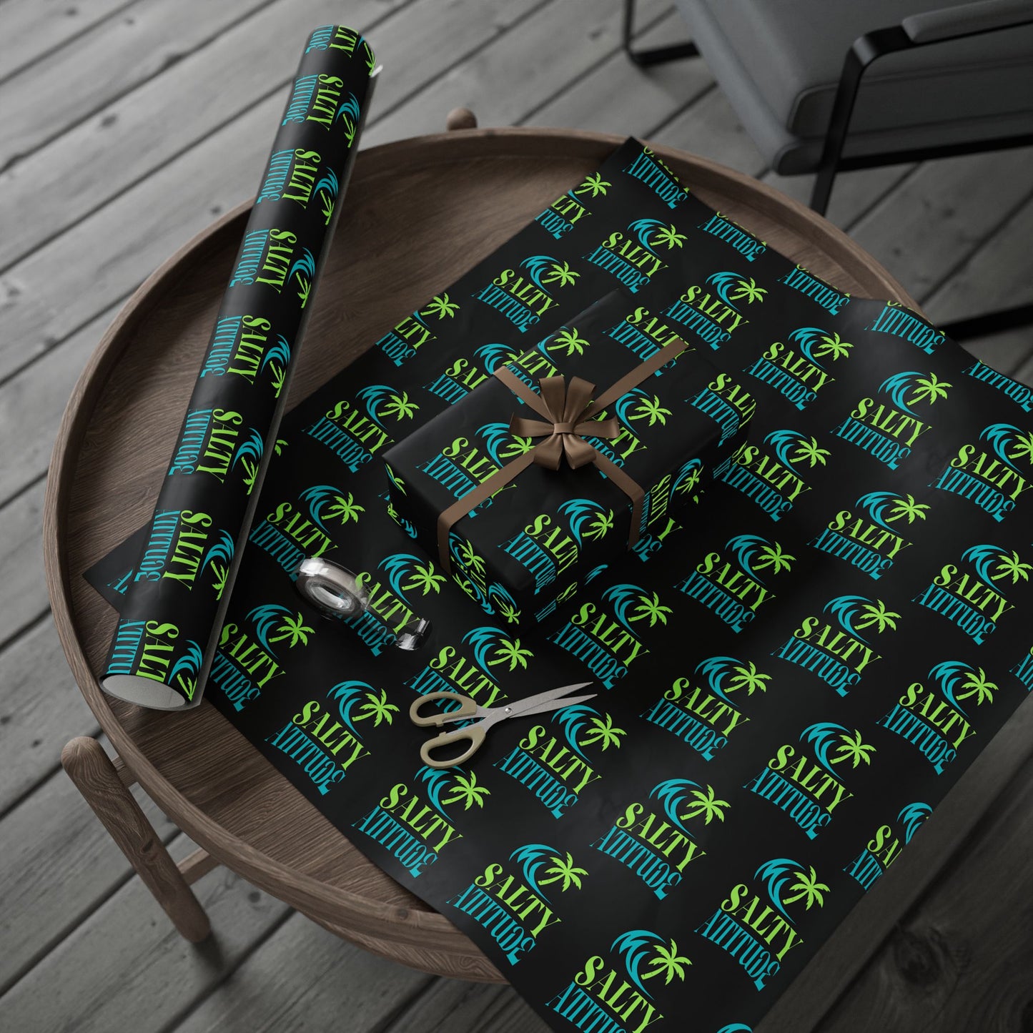 Wrapping Paper — Neon Retro Skate Pattern on Black (Holiday Gift Wrap)