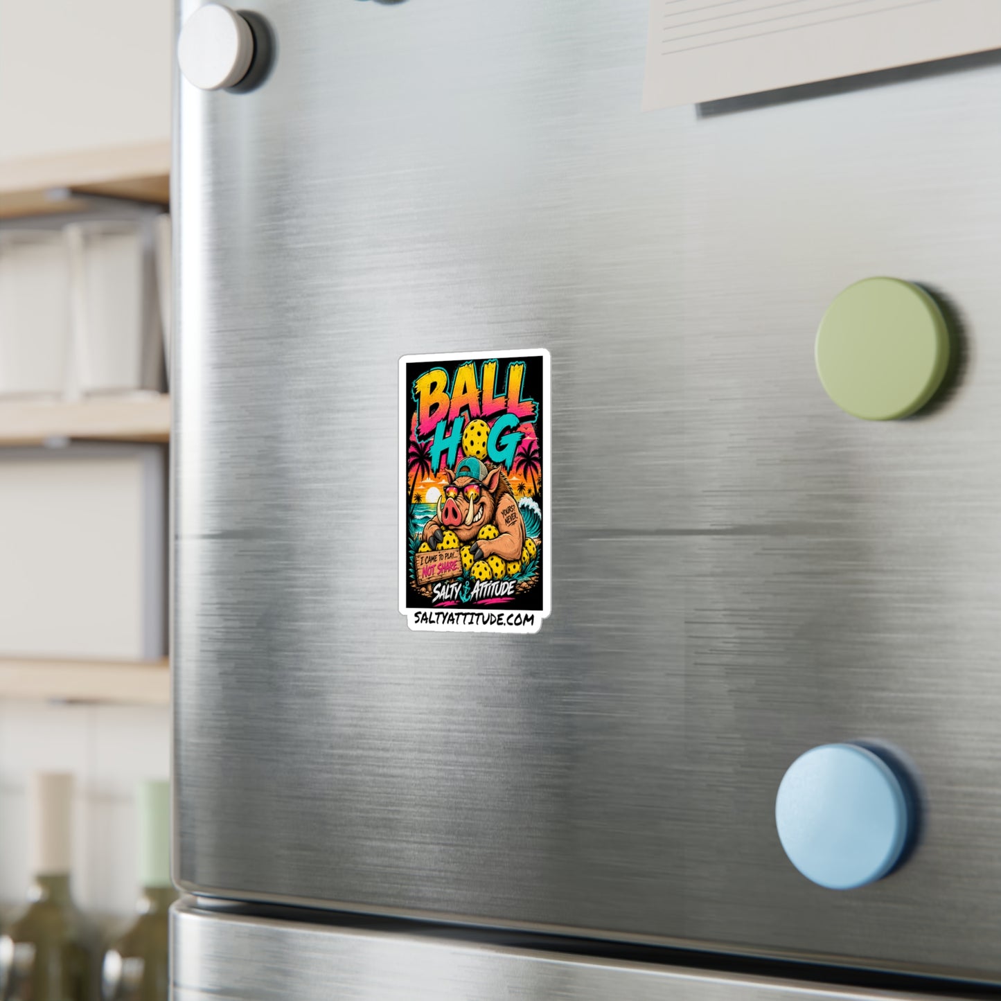 Ball Hog Pickleball Sticker — Retro Beach Boar Kiss-Cut Vinyl Decal
