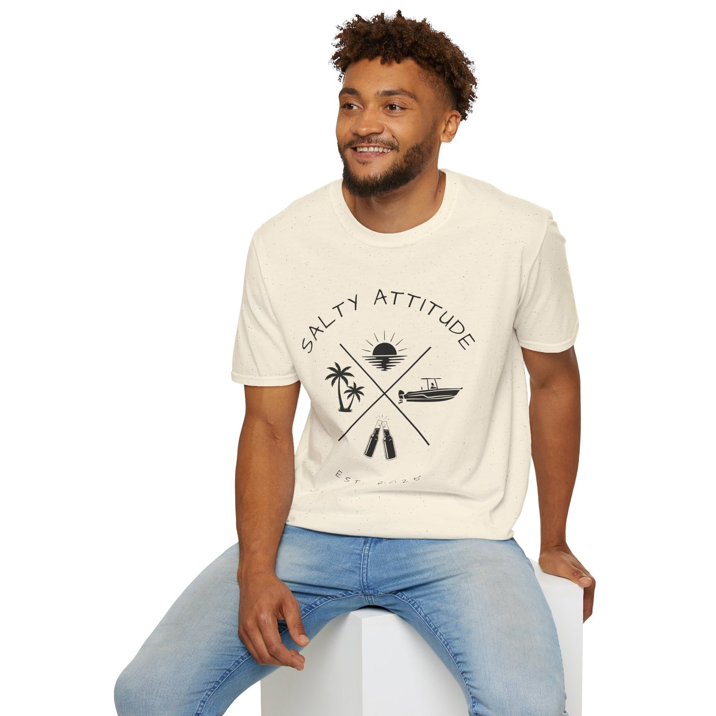Salty Attitude Beach T-Shirt — Coastal Vacation Shirt with Boat & Palm Icons
