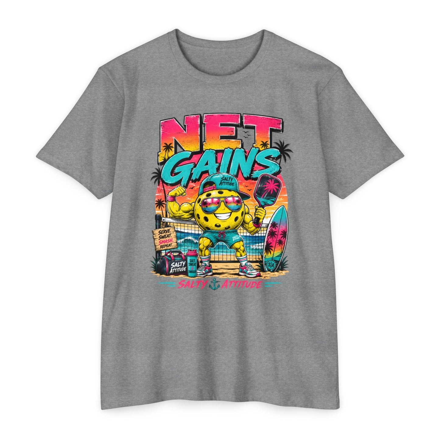 Net Gains Surf T-Shirt — 'Salty Attitude' Retro Beach Graphic Tee