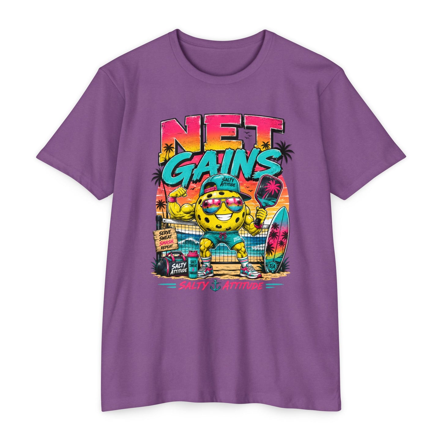 Net Gains Surf T-Shirt — 'Salty Attitude' Retro Beach Graphic Tee