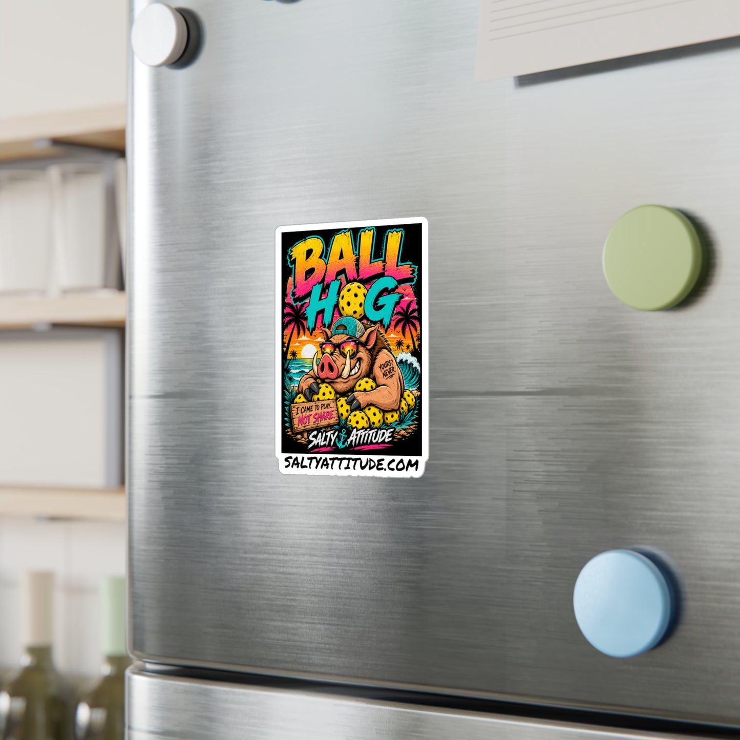 Ball Hog Pickleball Sticker — Retro Beach Boar Kiss-Cut Vinyl Decal