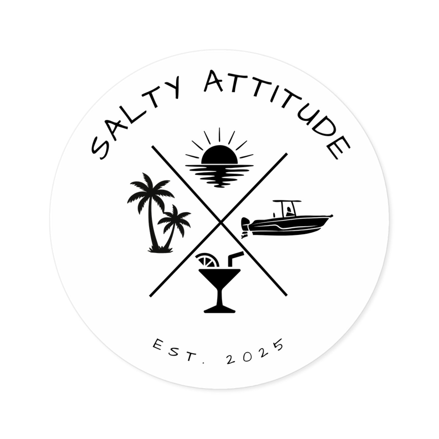 Salty Attitude Round Sticker — Beach Boat Palm Tree Cocktail Vinyl Decal (Indoor/Outdoor)