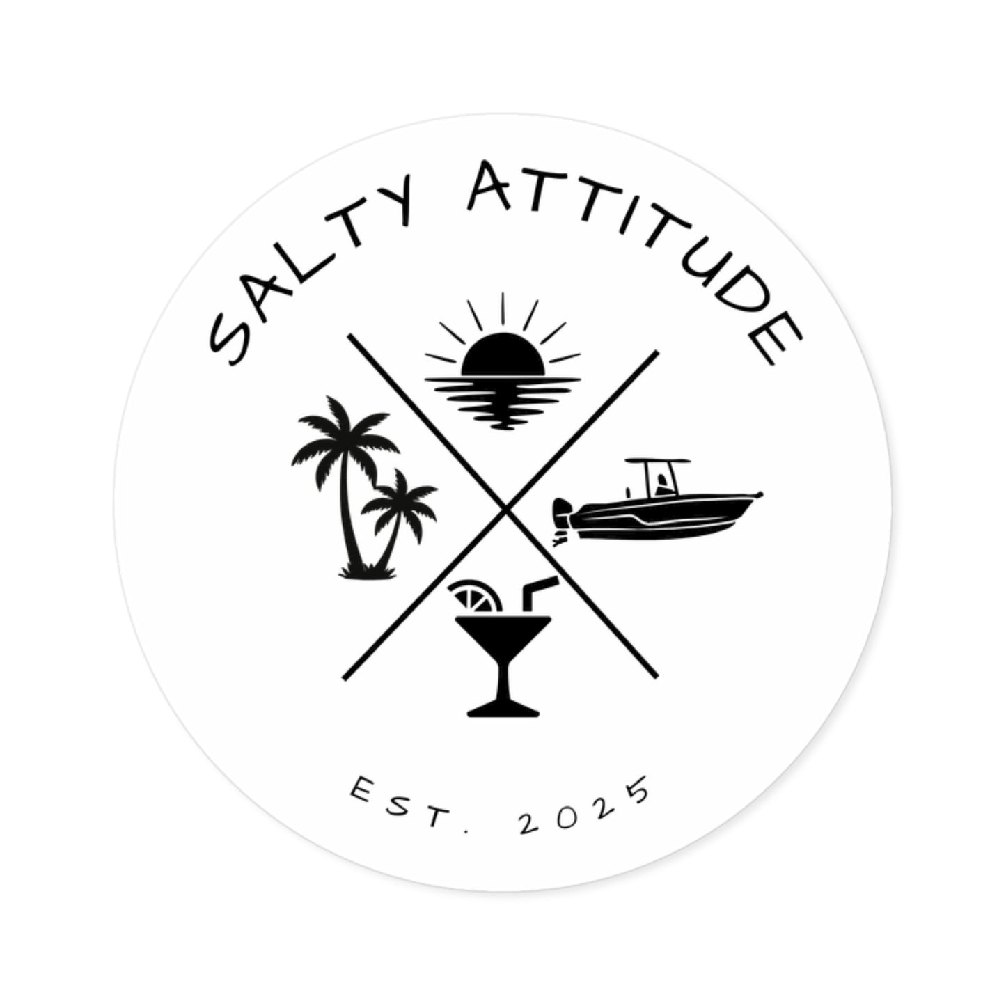 Salty Attitude Round Sticker — Beach Boat Palm Tree Cocktail Vinyl Decal (Indoor/Outdoor)