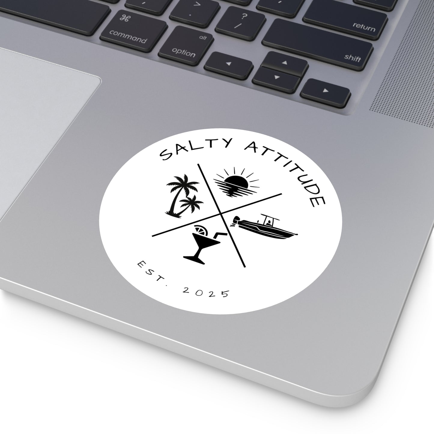Salty Attitude Round Sticker — Beach Boat Palm Tree Cocktail Vinyl Decal (Indoor/Outdoor)