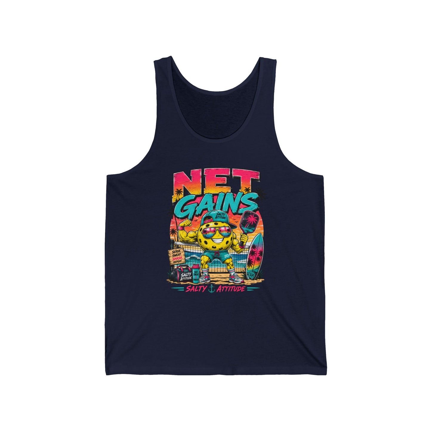 Net Gains Tank Top — Retro Beach Surf Workout Graphic Tank