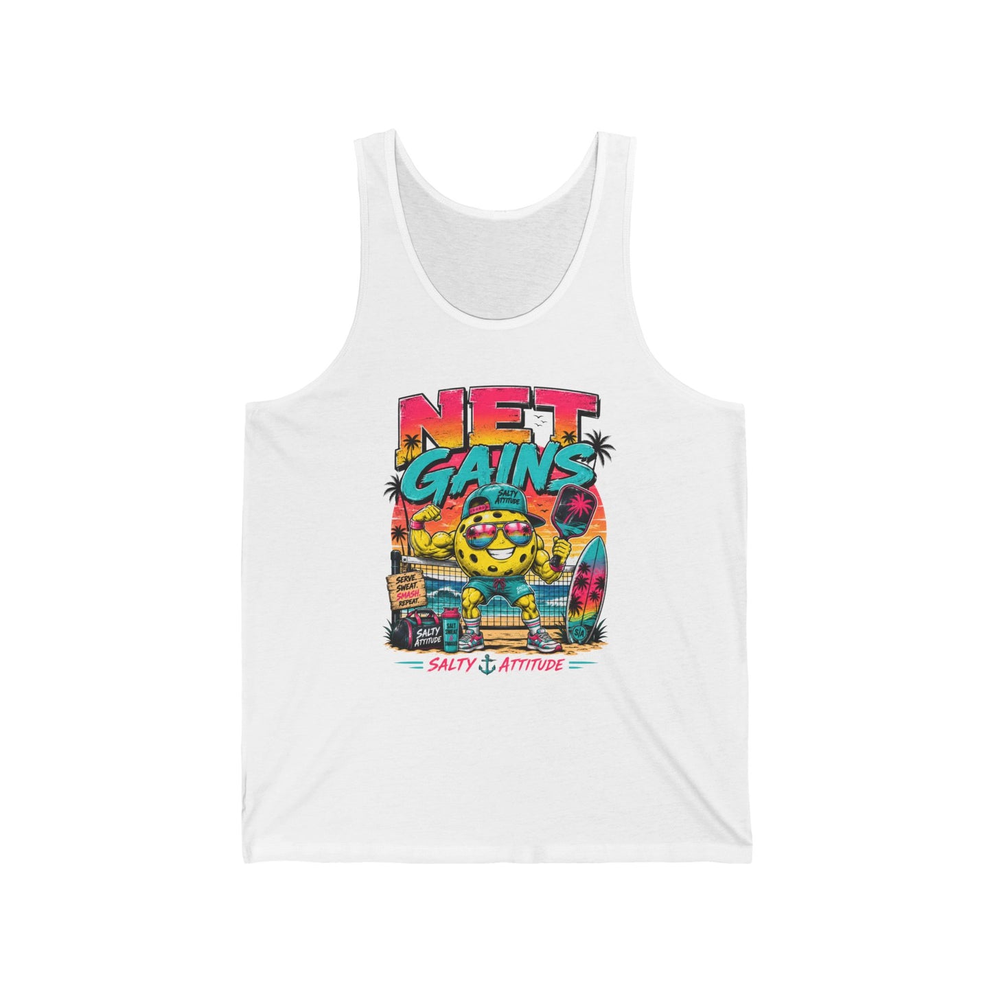 Net Gains Tank Top — Retro Beach Surf Workout Graphic Tank