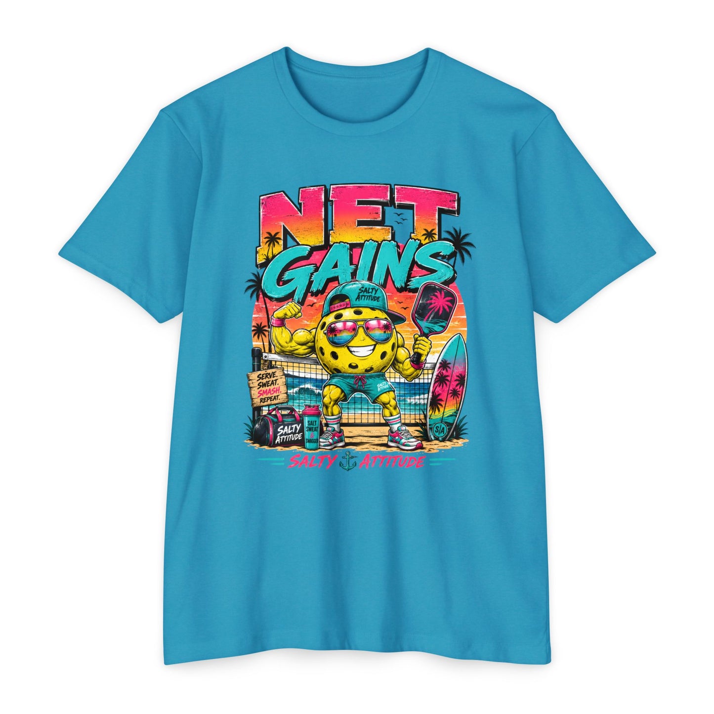Net Gains Surf T-Shirt — 'Salty Attitude' Retro Beach Graphic Tee