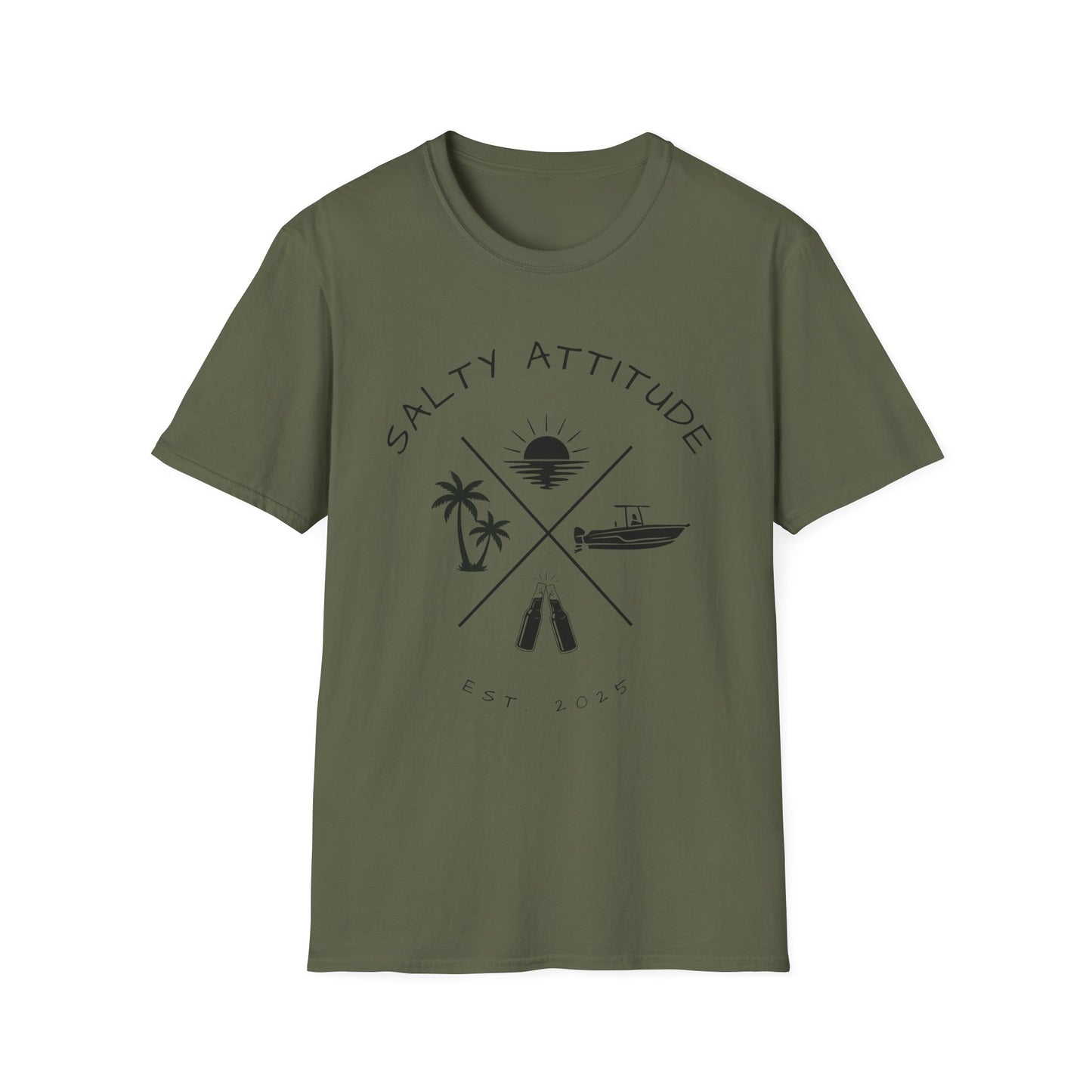 Salty Attitude Beach T-Shirt — Coastal Vacation Shirt with Boat & Palm Icons
