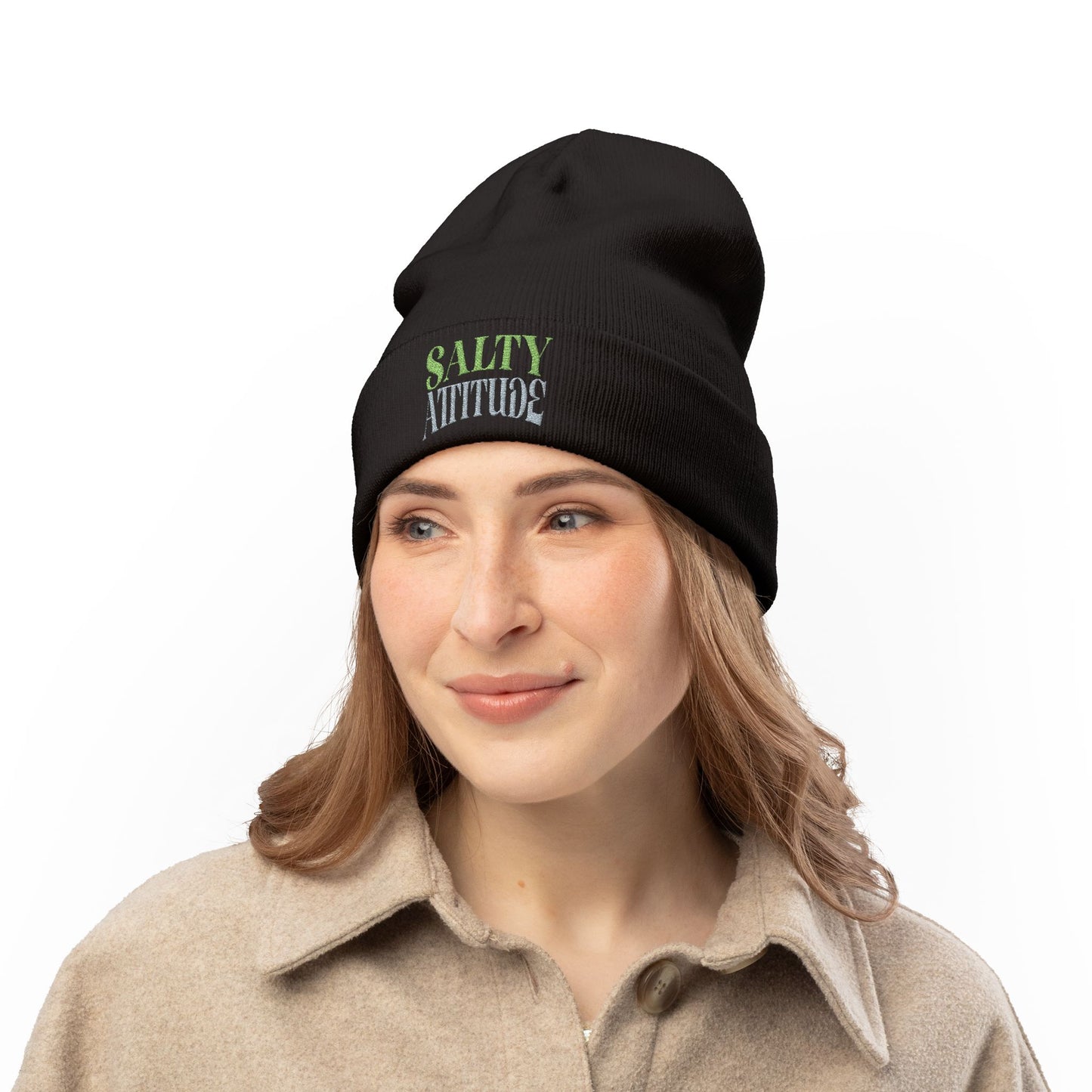 Embroidered Palm Wave Knit Beanie — Tropical Surf Cuffed Hat
