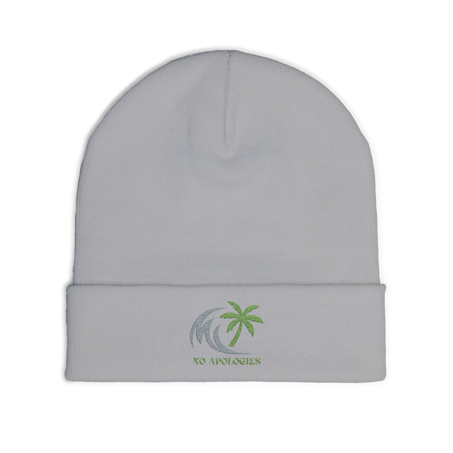 Embroidered Palm Wave Knit Beanie — Tropical Surf Cuffed Hat